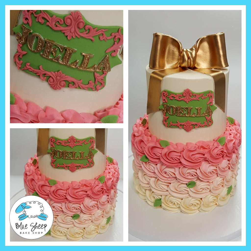 2 Tiered Pink & Gold Rosette Buttercream Baby Shower Cake NJ