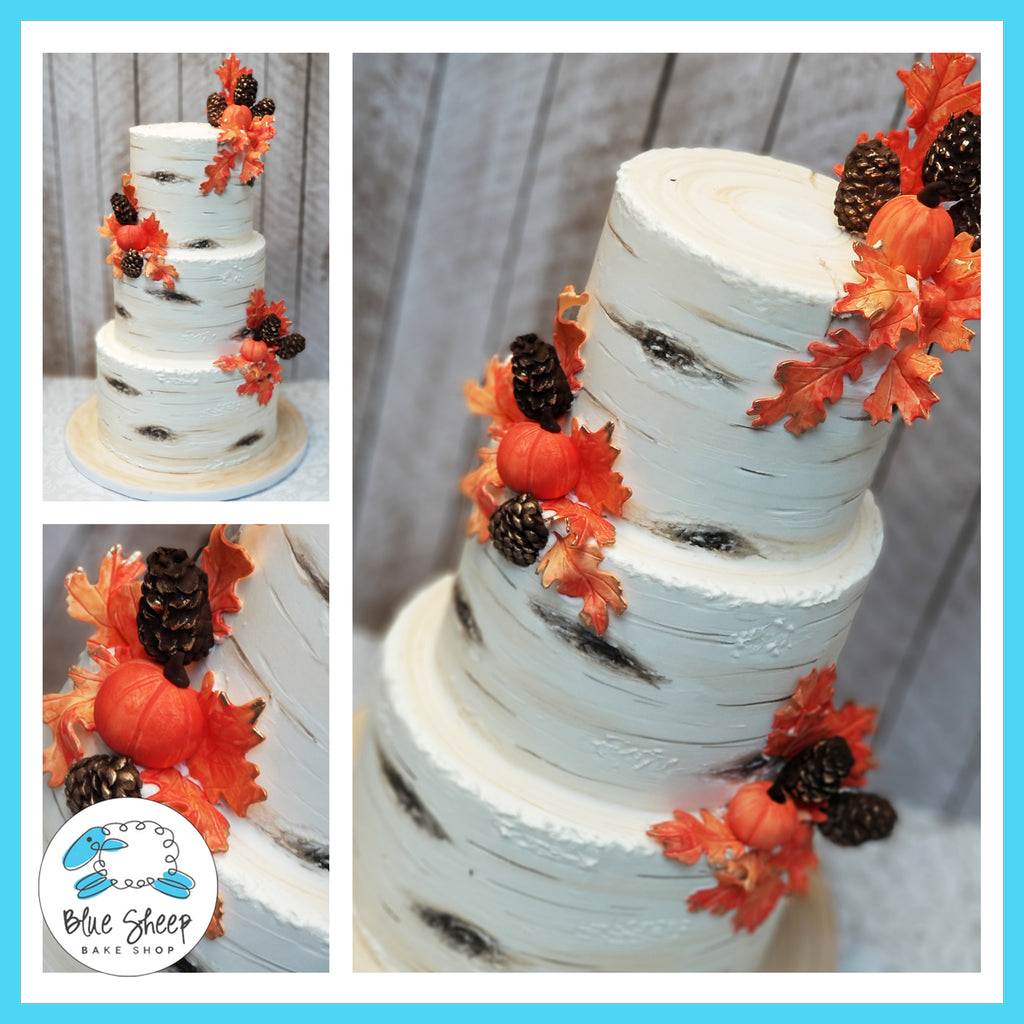 Buttercream Birch  Wedding Cake with Fall Leaves