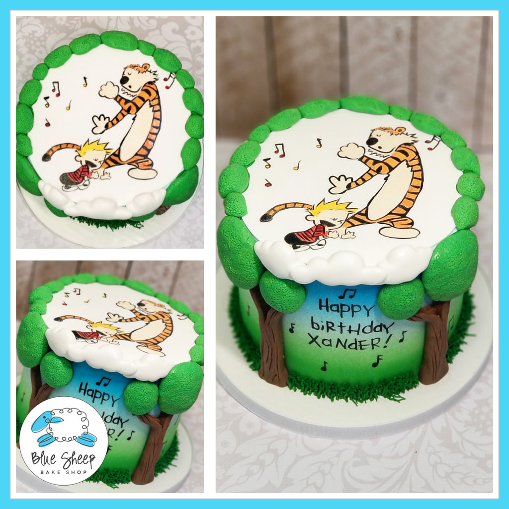 Handpainted Calvin and Hobbes Birthday Cake - Blue Sheep Bake Shop