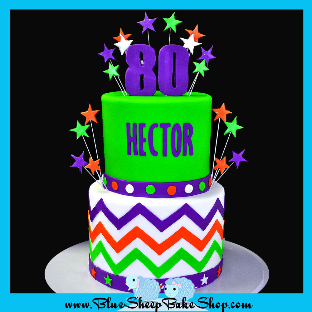 80the birthday cake horizontal chevron stripes purple orange lime cake custom cakes nj 