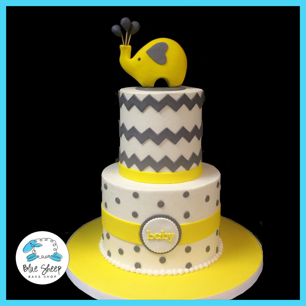 Grey & Yellow Elephant and Chevron Baby Shower Cake NJ