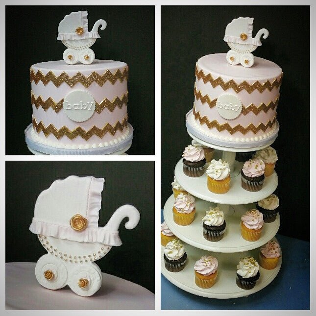pink and gold chevron baby shower cupcake tower with cake nj