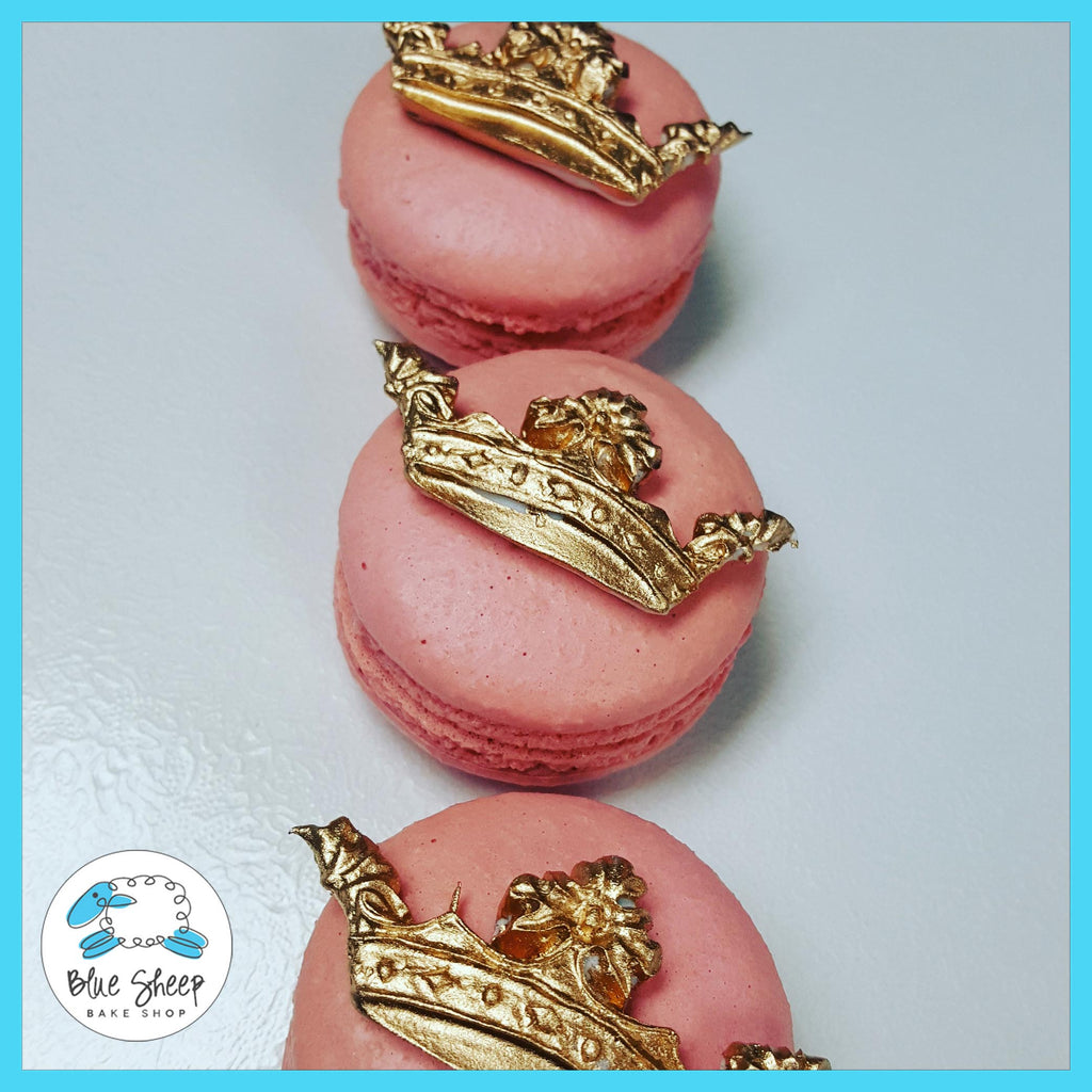 NJ pink custom French macarons with gold princess crowns