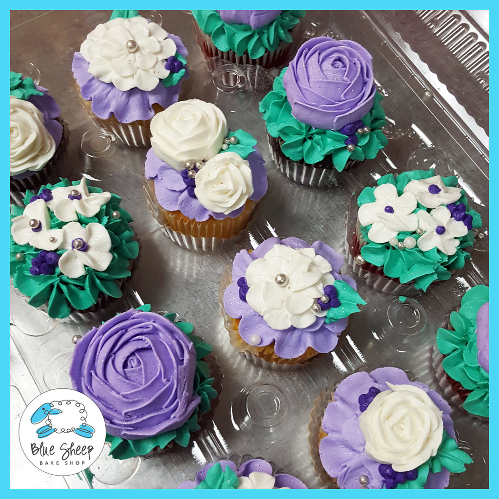purple and teal floral cupcakes nj