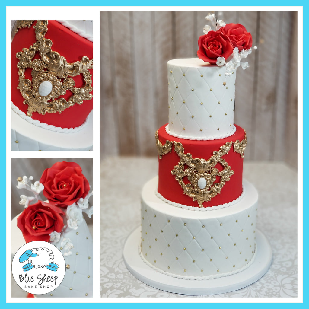 Red, White, and Gold Fondant Wedding Cake NJ